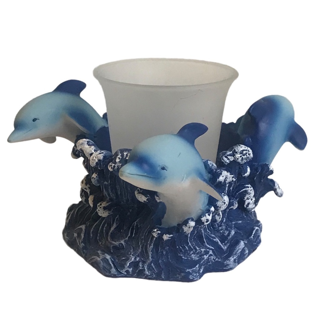 Dolphin Votive Tealight Candle Holder Ocean Blue Beachy Table Decor Coastal